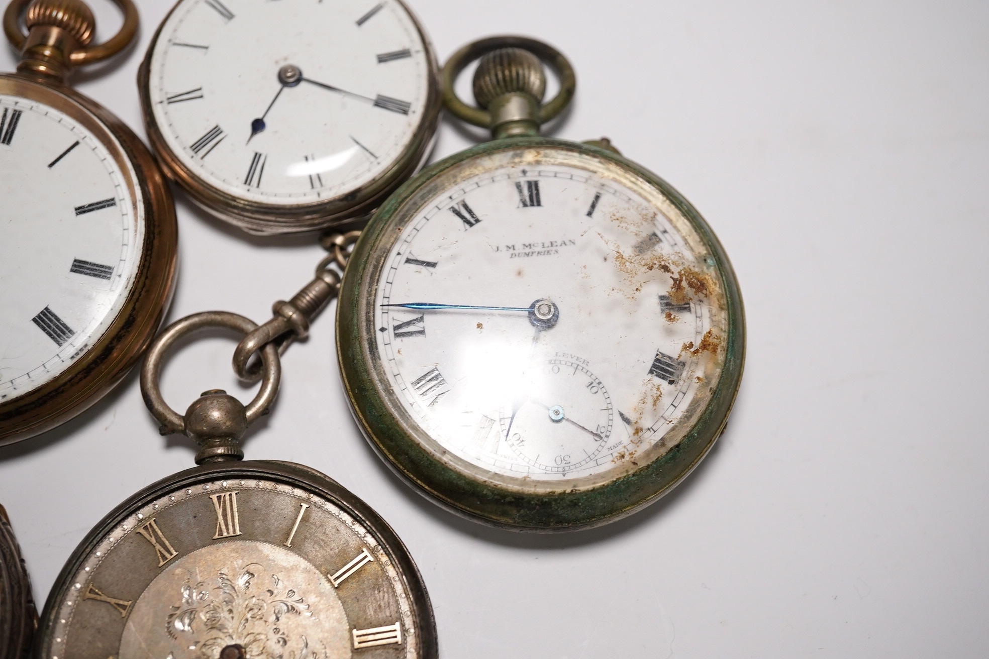 Four assorted white metal pocket watches and two other base metal pocket watches. Condition - poor to fair
